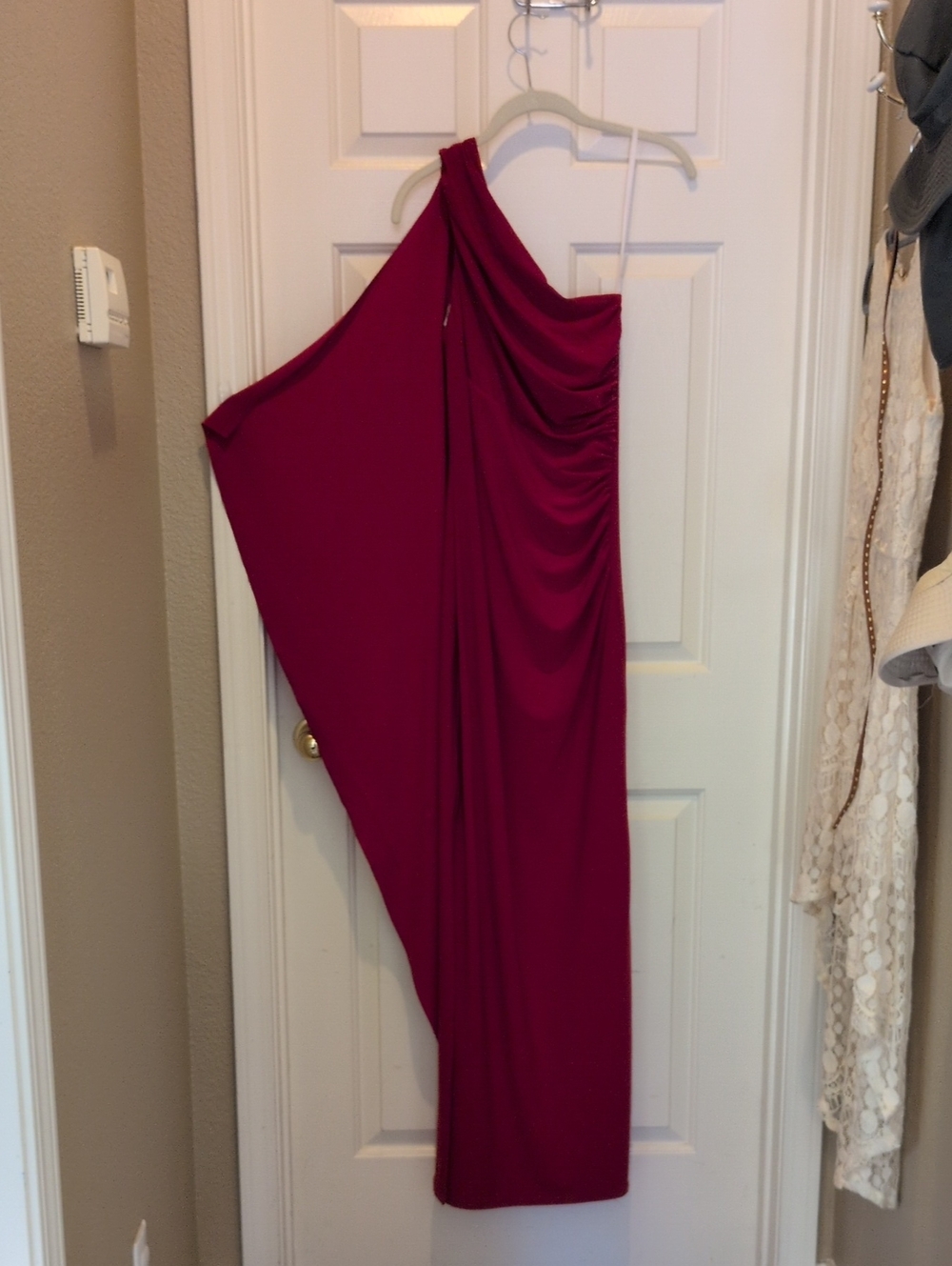 Betsy & Adam One-Shoulder Draped Gown in Deep Red